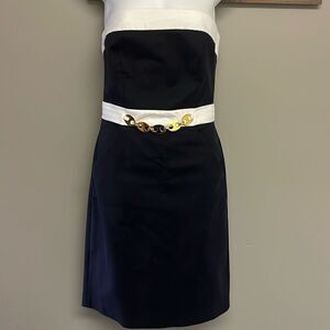 Milly Navy White Strapless Zip-Up Dress Gold-Tone Chain Nautical Mini-Size 4